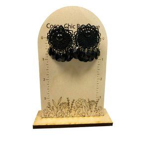 80's Retro Black Metallic Mandala Dangle Clip on Earrings Rare Unique